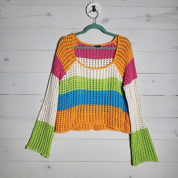 wild fable Sweaters - Cotton Sweater Open Weave Knit Sweater Colorful Stripe Top Beachy BOHO